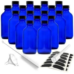 8 oz. Leakproof Blue Glass Boston Bottles with Funnel, Brush and Labels - UV Resistant Cobalt Blue Glass Jars (18-Pack)