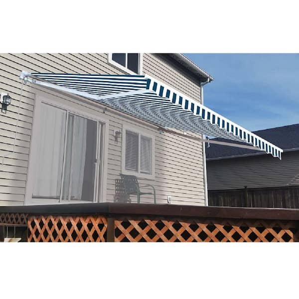 Aleko 12 Ft Manual Patio Retractable Awning 120 In Projection In Blue And White Stripes Aw12x10bwstr03 Hd The Home Depot