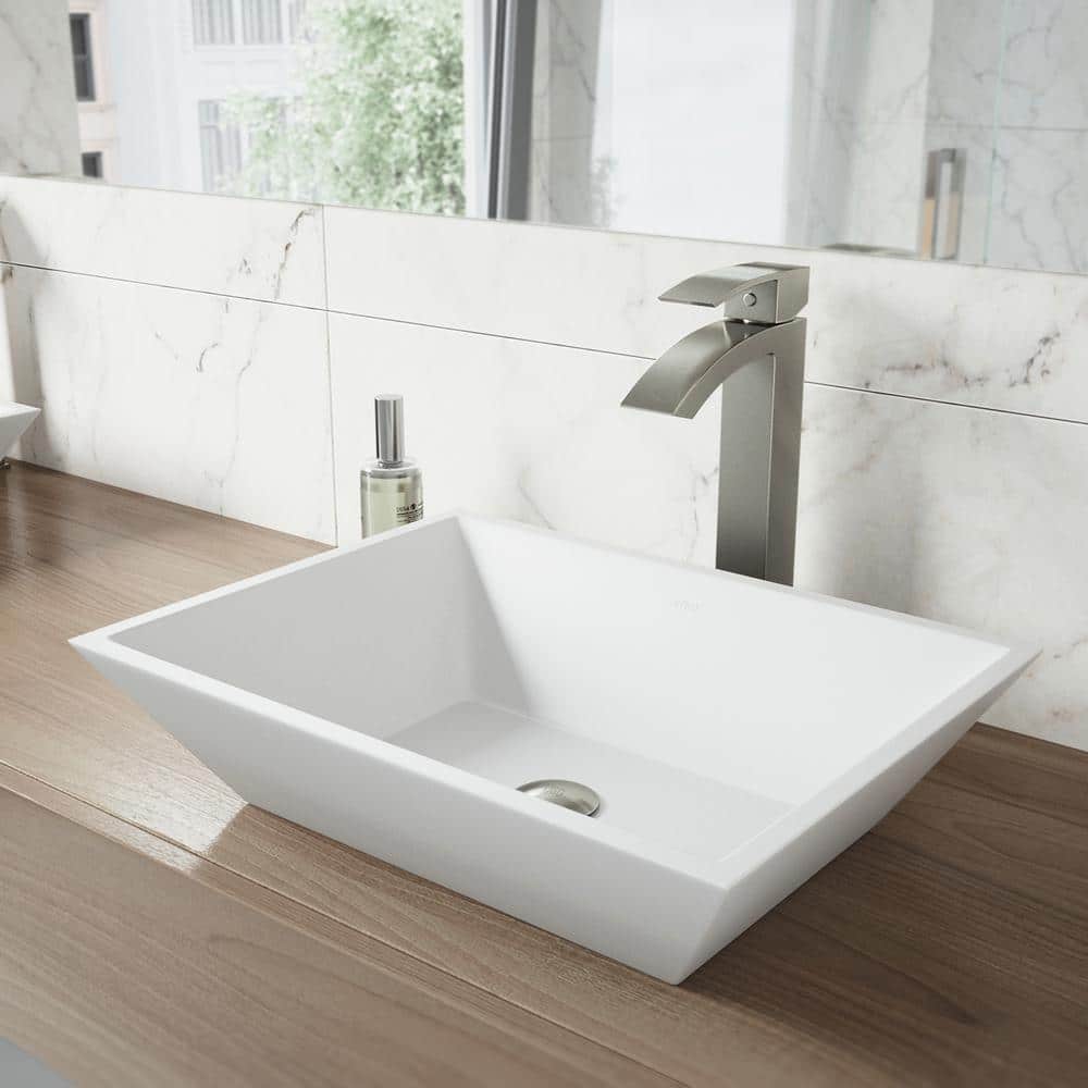 VIGO White Vinca Handmade Countertop Matte Stone Rectangle Vessel Bathroom Sink in Matte White VIGO White Vinca Handmade Countertop Matte Stone Rectangle Vessel Bathroom Sink in Matte White