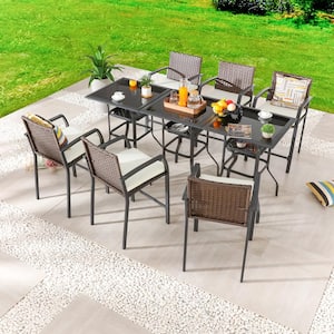 9-Piece Wicker Bar Height Outdoor Dining Set with Beige Cushions