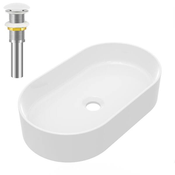 yulika Oval Sink 12 in . Bathroom Sink Ceramic Vessel Sink Bathroom Sink Modern with Pop-Up Drain in White