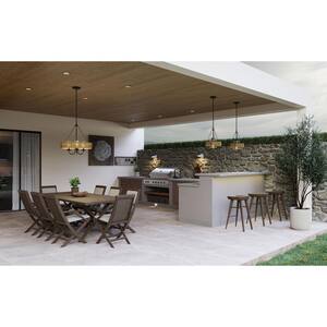 Pembroke Collection 3-Light 21.5 in. Matte Black Outdoor Pendant with Mocha Rattan Accents and Seeded Glass Shades