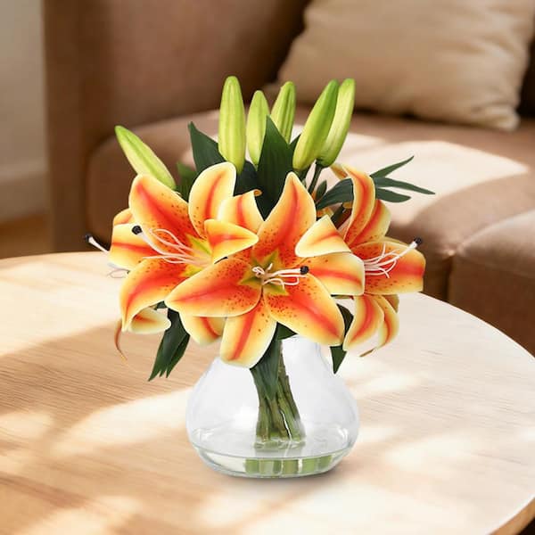 MOVECOM Realistic Artificial Lily Bouquet w/ Clear Glass Vase  13 in. Tall, Lifelike Petals and Faux Water Office Decor, Orange