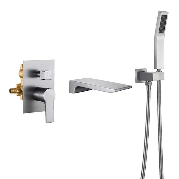 Aurora Decor Aca Single-Handle Wall Mount Roman Tub Faucet with Hand Shower in Brushed Nickel Ceramic Disc (Valve Included)