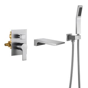 Single-Handle Wall-Mount Roman Tub Faucet with Hand Shower and Waterfall Spout in Brushed Nickel (Valve Included)