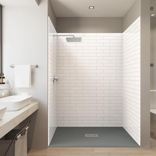 CASTICO Tile Insp. 60 in. x 32 in. x 84 in. Alcove Solid Composite Stone Shower Kit -Subway Shower Walls Cnt GR Shower Pan Base