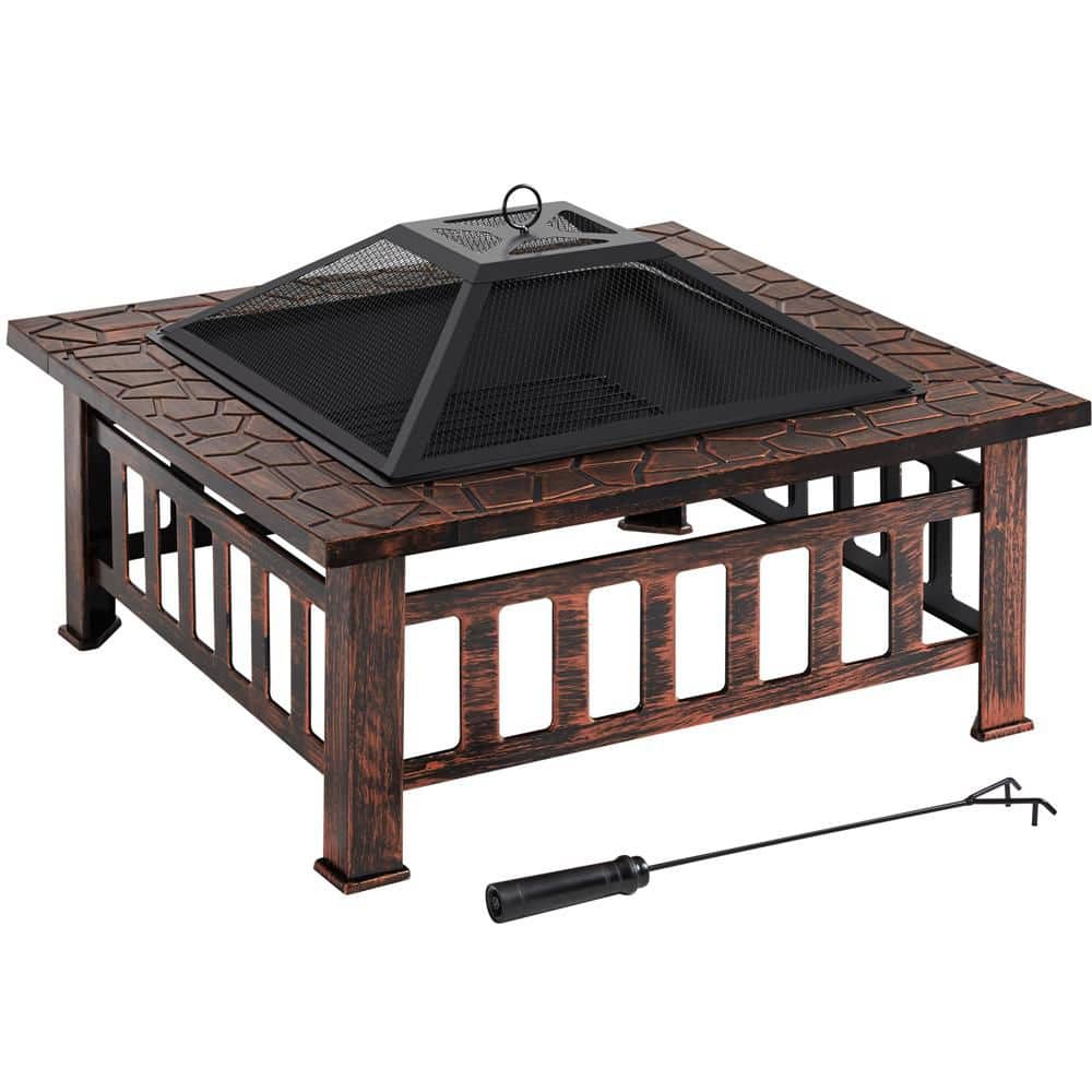 Outdoor Square Fire Pit with Cover and Poker for Barbecue Heating