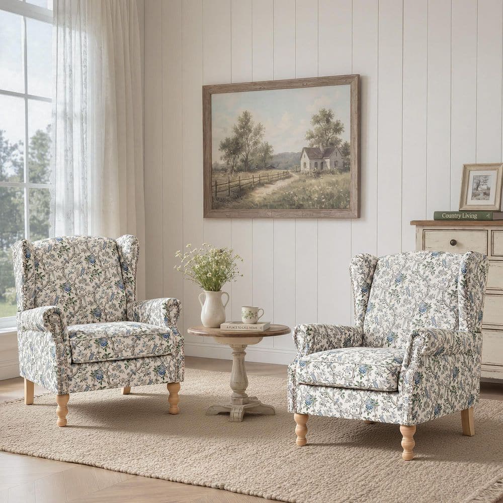 OrangeOne Blue Floral Bird Print Linen Wingback Chair (Set of 2) with ...