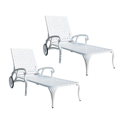 White 2-Piece Metal Outdoor Chaise Lounge Reclining Cast Aluminum Chaise Lounge with Wheels