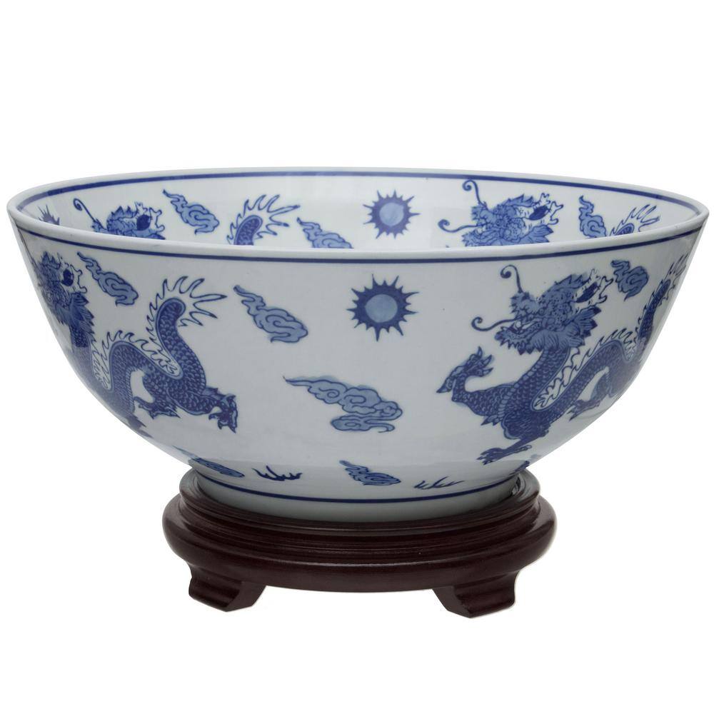 Elegant Dragon Blue & White Porcelain Decorative Bowl 14"