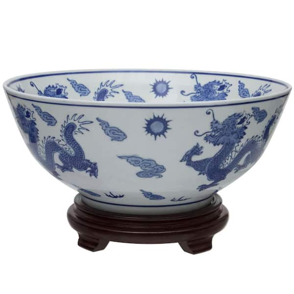 14 in. Oriental Furniture Dragon Blue and White Porcelain Bowl BW