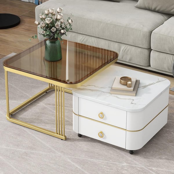 Zeus & Ruta 2-in-1 White and Gold Square Nesting Coffee Table with Wheels and Drawers, High Gloss Marble Grain Top for Living Room