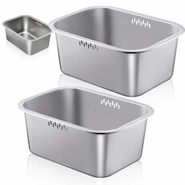 2-Pack 14 in. Polished Stainless Steel Portable Wash Basin Dish Tub 2.7-Gallon Kitchen Prep Bowl Set