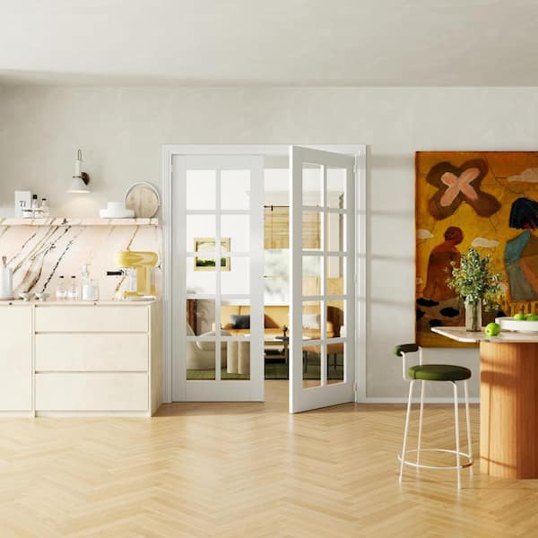 64 in. x 80 in. Universal 10 Lite Clear Glass White Primed Pine Wood Pre-hung French Door with Quick Assemble Jamb