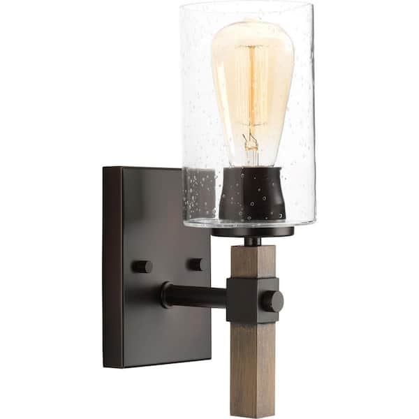Progress Lighting Barnes Mill Collection 1-Light Antique Bronze Clear Seeded Glass Farmhouse Bath Vanity Light