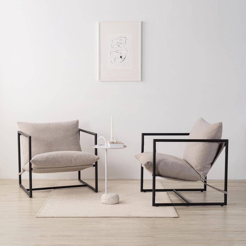 Oatmeal Beige Metal Framed Sling Accent Chair