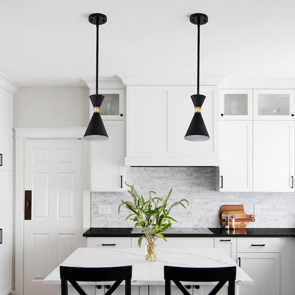 5.5 in. 1-Light Black Hanging Pendant Light with Brass Accents