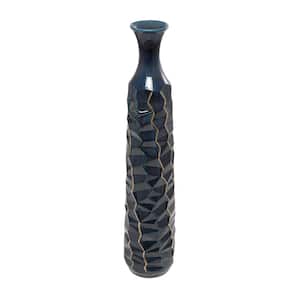 40 in. Teal Tall Geometric Floor Ceramic Decorative Vase with Gold Accents