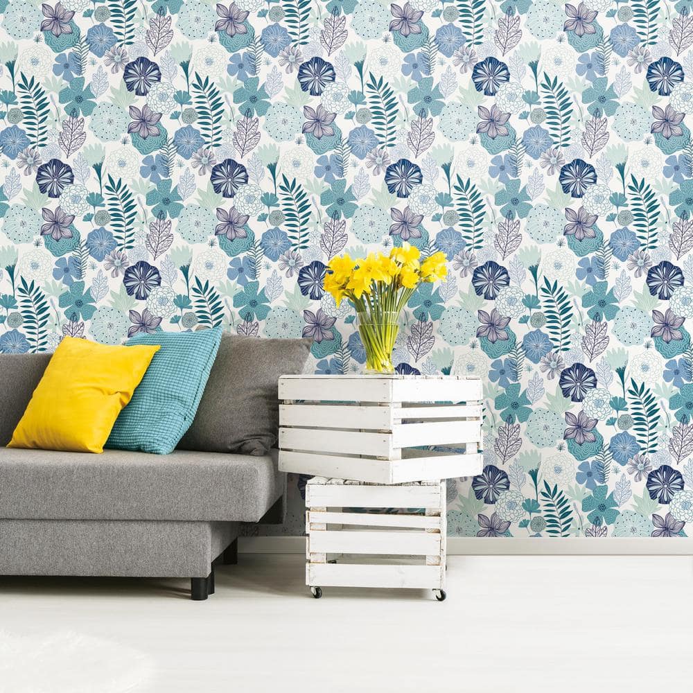 Blue Floral Peel and Stick Vinyl Wallpaper Roll