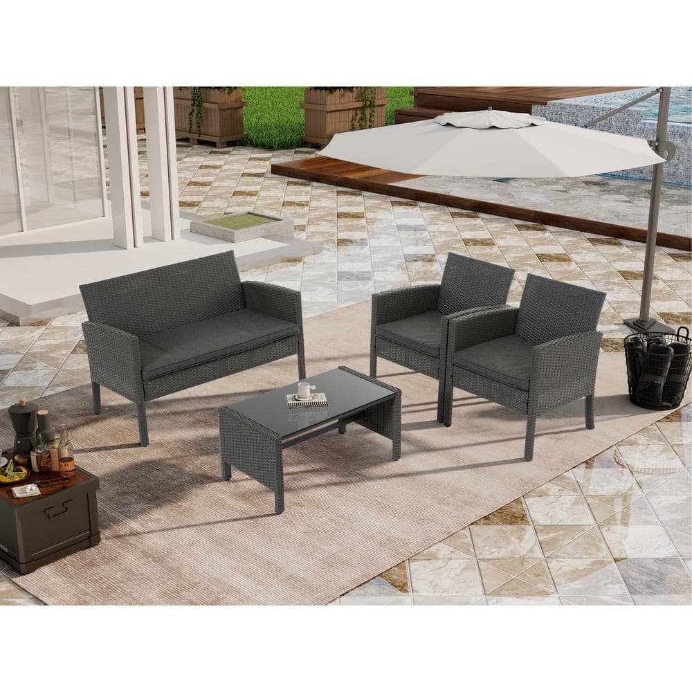 4-Piece Patio Brown Wicker Rattan Outdoor Conversation Dining Sofa Furnitur
