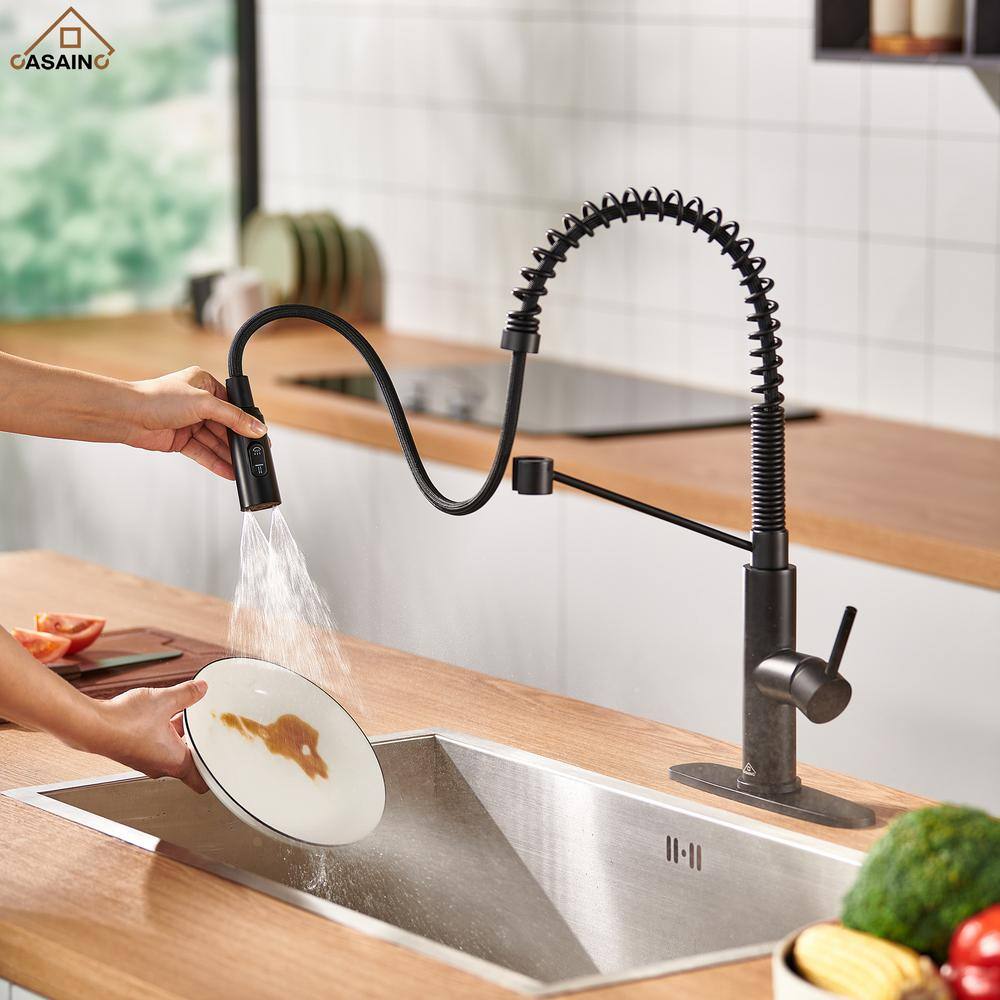 Matte Black Stainless Steel Pull Down Kitchen Faucet with Deck Plate