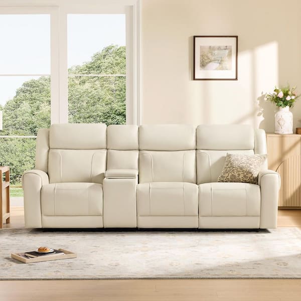 Carter 96.85 in. Dual Motors Wall Hugger Leather Rectangle Sofa in Cream with Cup Holders,Straight Arm,Pockets,Console