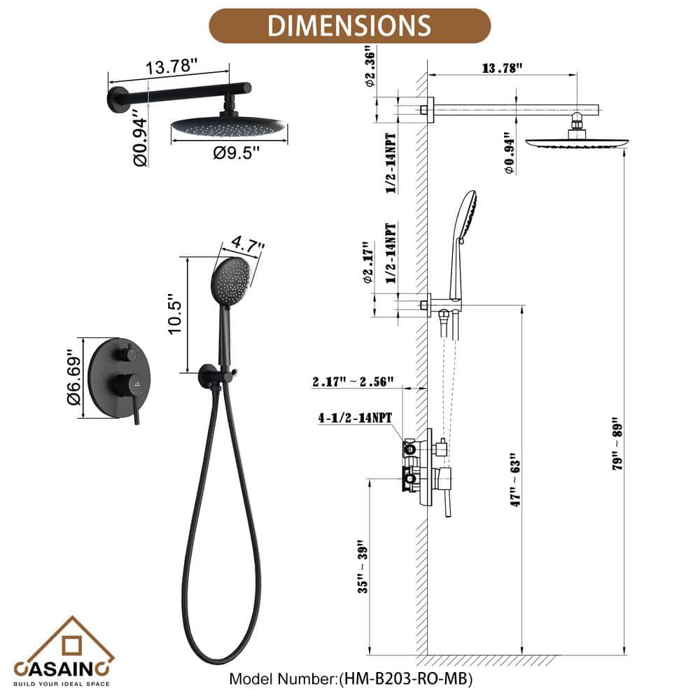 Matte Black Modern Wall-Mounted Shower System with Handheld