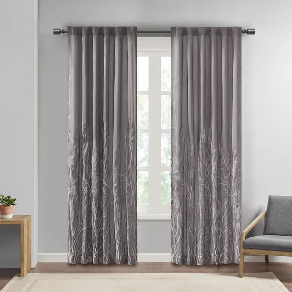 Madison Park Eliza Grey Botanical Polyester 50 in. W x 84 in. L Room Darkening Rod Pocket and Back Tabs Curtain with Lining