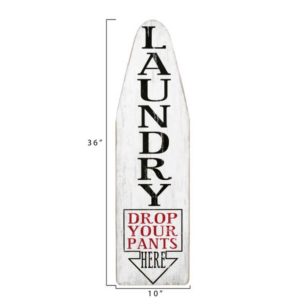 Creative Co-Op White Ironing Board Shaped Wood Sign with "Laundry Drop Your Pants Here" Black & Red Letters