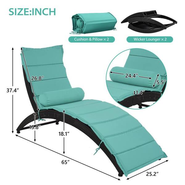 Afoxsos 2-Piece PE Rattan Wicker Outdoor Foldable Chaise Lounger Sun Lounger with Turquoise Cushion and Black Steel Frame DJMX632-BU - The Home