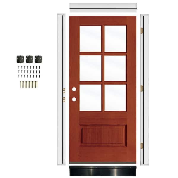 36in. x 80in. Farmhouse Right-Hand 6-Lite Clear Glass Amaretto Stain Mahogany Wood Front Door Kit w/Quick Assemble Jamb
