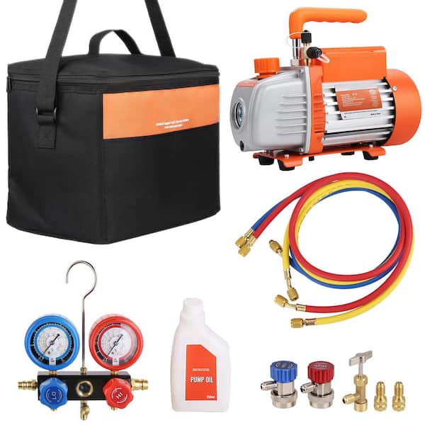 1/4 HP 4 CFM AC Vacuum Pump and Gauge Set Single Stage Rotary Vane HVAC Air Vacuum Pump A/C Refrigerant Kit