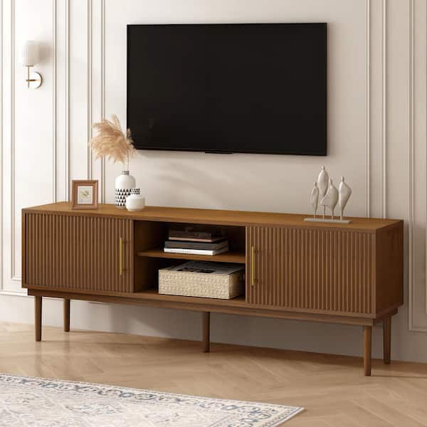 CHRISTOPHER KNIGHT HOME Valentino Modern Brown MDF TV Stand Fits TV's up to 79 in. Entertainment Center with Sliding Door, Solid Wood Legs