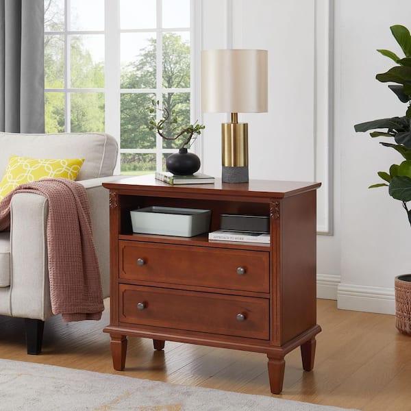 Zero Farmhouse Walnut 2-Drawer 28.3 in. W Wood Nightstand with Open Storage and Charging Station