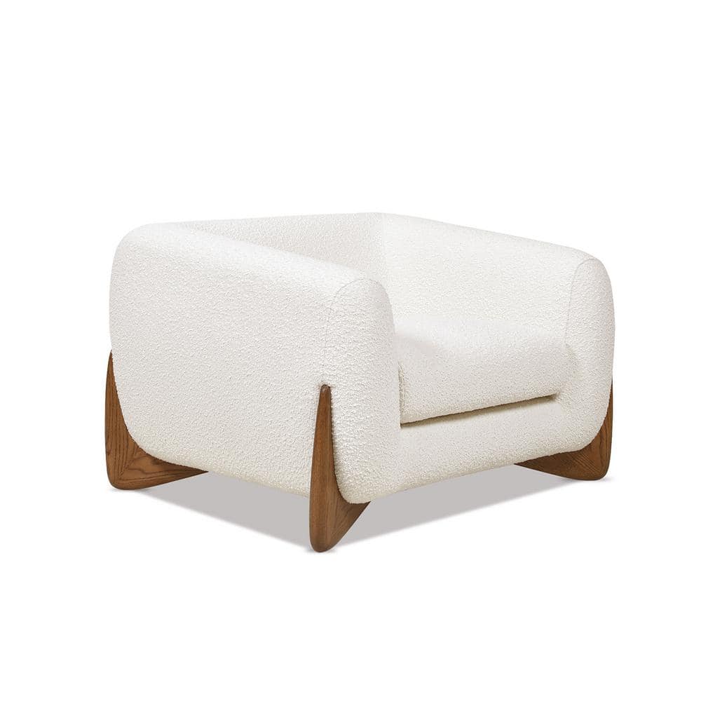 Ivory White Bouclé Armchair with Oak Wood Legs