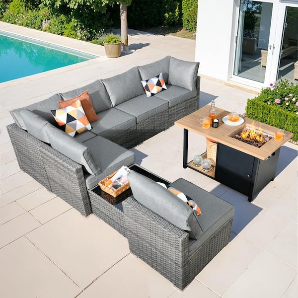 HOOOWOOO Messi Gray 8-Piece Wicker Outdoor Patio Conversation Sectional Sofa Set with a Storage Fire Pit and Dark Gray Cushions