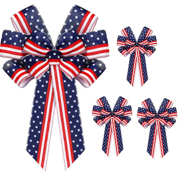 4 Pcs Patriotic Wreath Bows-Red White Blue Flag Bows for 4th of July and Holidays