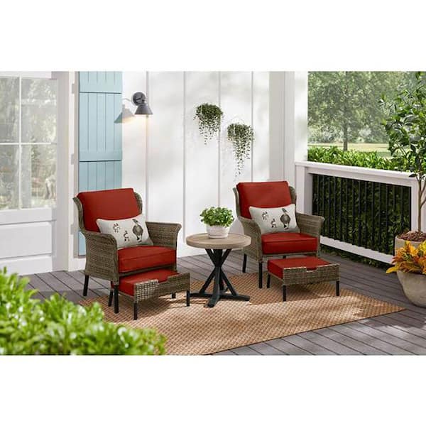 Hampton Bay Devonwood Brown 5-Piece Wicker Outdoor Patio Small Space Seating Set with Sunbrella Henna Red Cushions