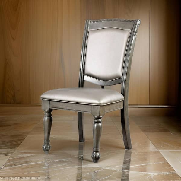 Benjara Silver and Gray Faux Leather Side Chair with Padded Seat (Set of 2)
