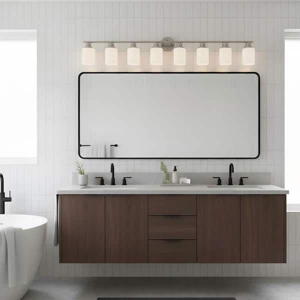 52 in. 8-Light Chrome Bathroom Vanity Light with Frosted White Glass Shades