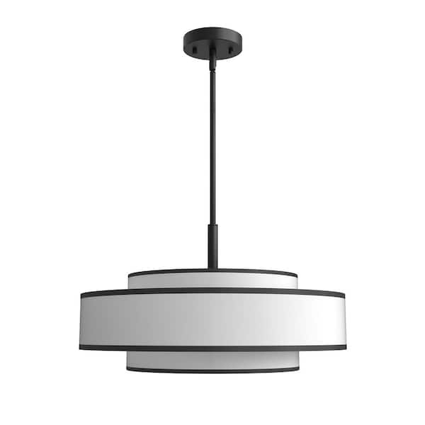 20 in. 5-Light Black Drum Chandelier with White Linen Shade, Modern Farmhouse Pendant Light for Dining Room, Kitchen