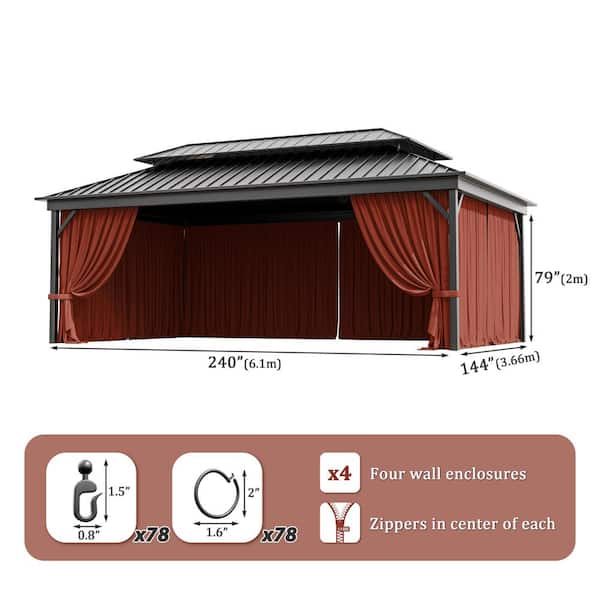 12 ft. x 20 ft. Universal Outdoor Privacy Curtains, Gazebo Replacement with Zipper Terra Red (4-Side Curtain Only)