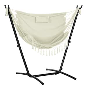 43.3 in. 1-Person Metal Steel, Cotton Outdoor Patio Swing Hanging Lounge Chair with Headrest Cream White