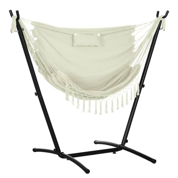 Outsunny 43.3 in. 1-Person Metal Steel, Cotton Outdoor Patio Swing Hanging Lounge Chair with Headrest Cream White