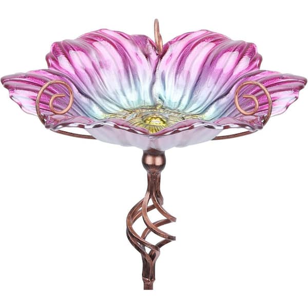 31 in. Height Glass Birdbath Birdfeeder with Metal Stake Garden Yard Outdoor, Pink and Yellow