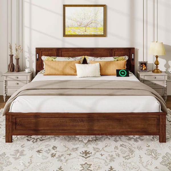 Walnut/Brown Wood Frame King Size Platform Bed with Tall-panel Headboard & Footboard,strengthened Bed Frame