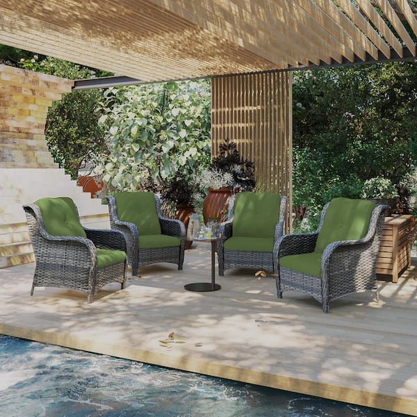 Ergonomic Arm 4-Piece Patio Wicker Outdoor Lounge Chair with Green Cushions
