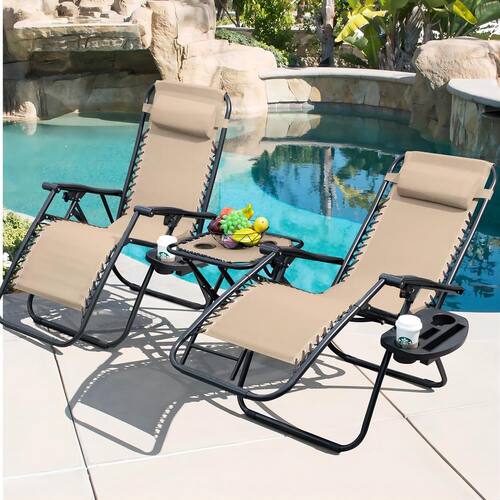 Beige Zero Gravity Outdoor Lounge Chair Side Table Set Headrest