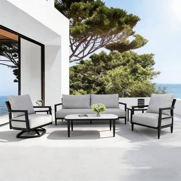 Black 6-Piece Conversation Set with Gray Cushion Sunbrella & Stone Coffee Table & Side Table
