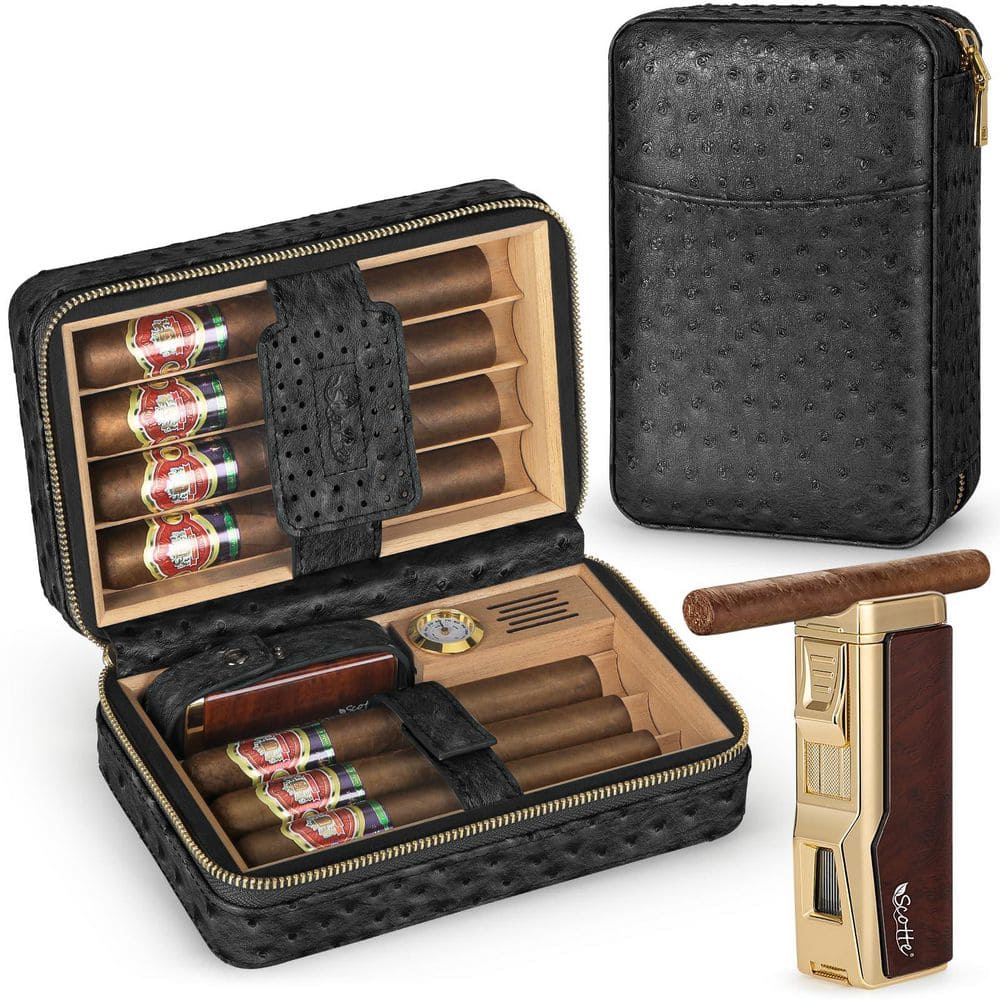 Black Cigar Humidor Box, Cigar Lighter Cedar Wood Lined Leather Cigar Case Built in Hygrometer & Humidifier price history on PriceWatchPro
